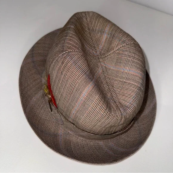 Vintage Stetson Beige‎ Plaid Fedora Hat with Feather Accent